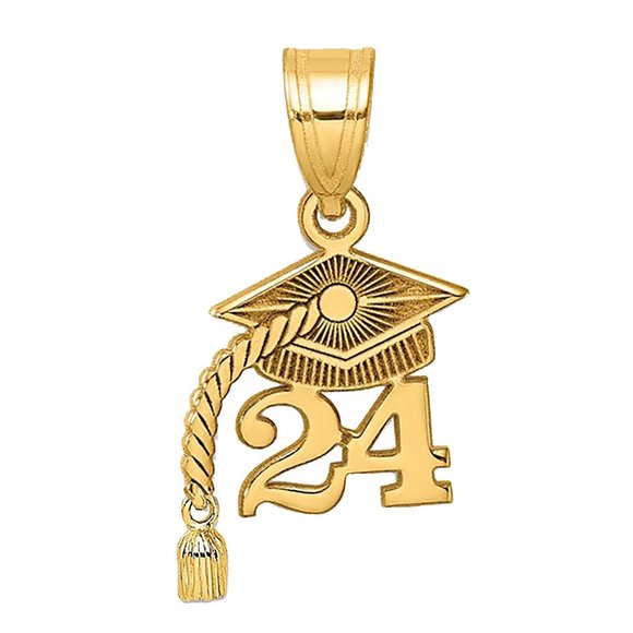 10k Yellow Gold Small Graduation Charm 24, Year 2024 Cap w Dangling Tassel - Picture 3 of 7